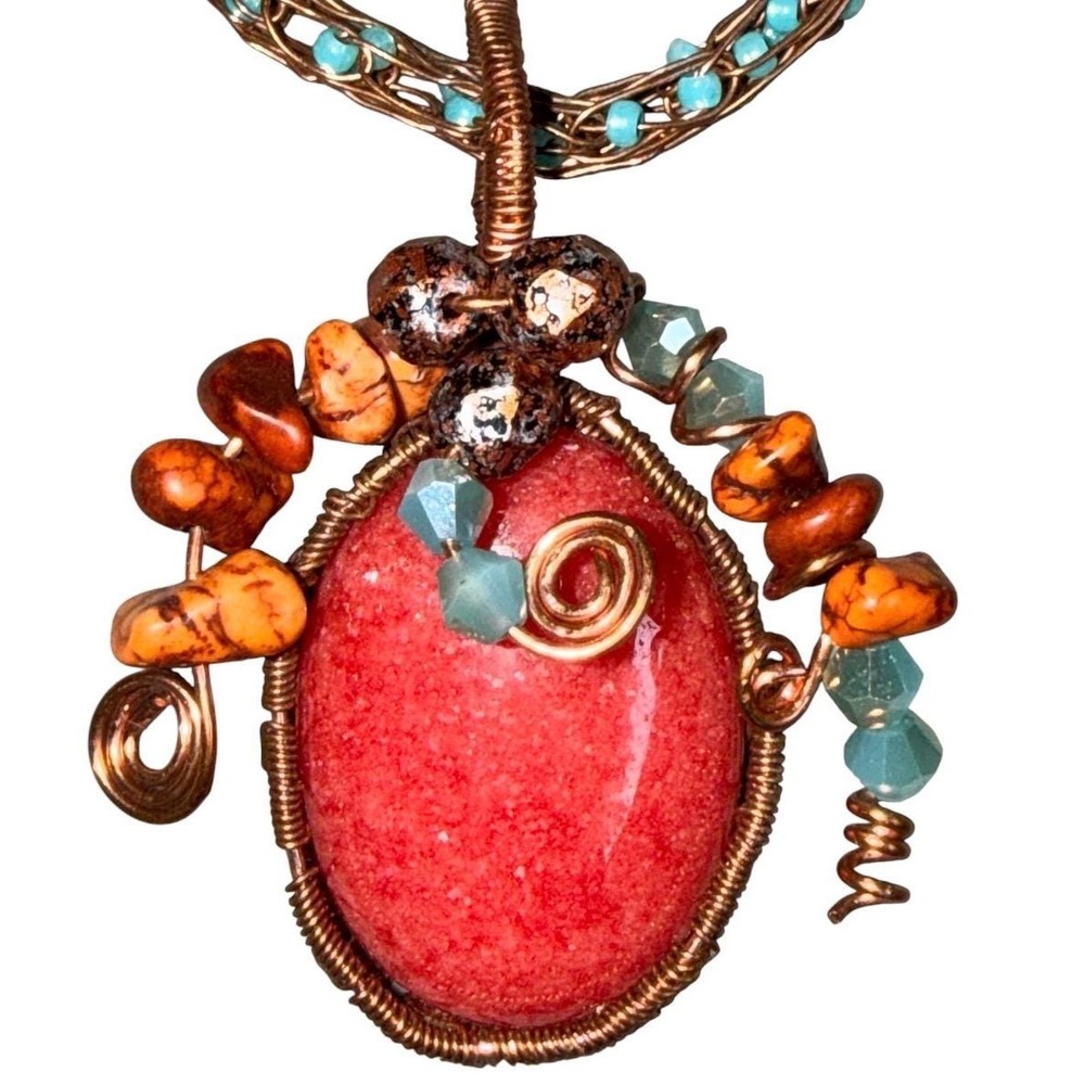 Handmade Copper Wire‑Wrapped Red Jasper Pendant Necklace Turquoise Accents 22"